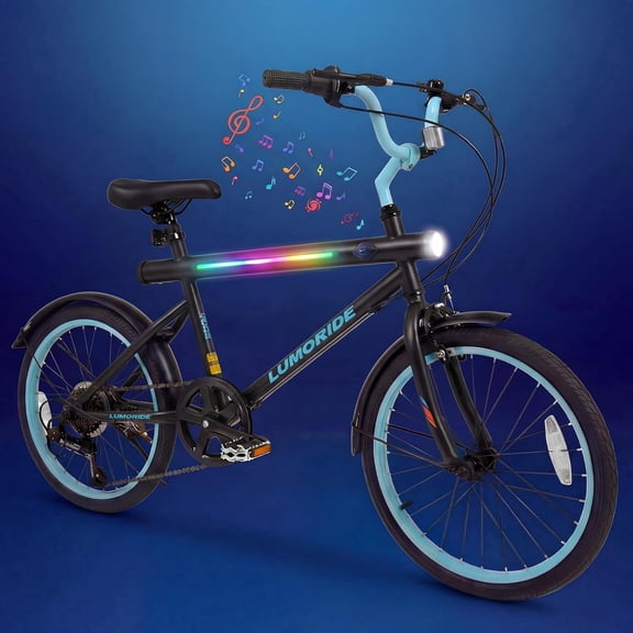 OLAKIDS Mountain Bike, 20 Inch Bicycle with 7 Lighting Modes Bluetooth Music 6 Speed Drivetrain