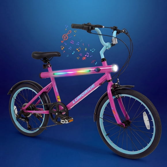 OLAKIDS Mountain Bike, 20 Inch Bicycle with 7 Lighting Modes Bluetooth Music 6 Speed Drivetrain