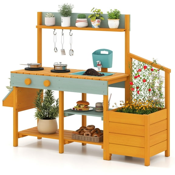 OLAKIDS Mud Kitchen, Kids Outdoor Wooden Kitchen Playset with Planter Box Storage Case Removable Sink Faucet Stoves Toddler Montessori Backyard Garden Pretend Cooking Toys Gift for Boys Girls Ages 3+
