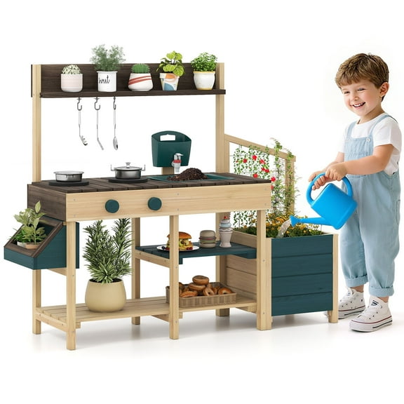 OLAKIDS Mud Kitchen, Kids Outdoor Wooden Kitchen Playset with Planter Box Storage Case Removable Sink Faucet Stoves Toddler Montessori Backyard Garden Pretend Cooking Toys Gift for Boys Girls Ages 3+