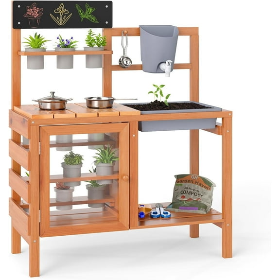 OLAKIDS Mud Kitchen for Kids Outdoor, Wooden Toddler Play Kitchen with Sink Faucet 12 Pots Chalkboard Stoves Storage Shelves, Children Potting Bench Table Pretend Toy Playset for Backyard Garden
