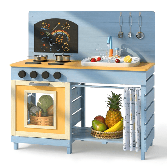 OLAKIDS Mud Kitchen, Kids Wooden Outdoor Playset with Play Sink with Real Running Water Circulation Cover Cloth Faucet Chalkboard Stoves Toddler Montessori Backyard Pretend Cooking Toys Gift