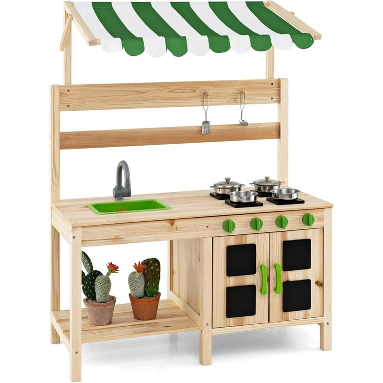 OLAKIDS Mud Kitchen, Outdoor Toys Play Kitchen with Awning Faucet