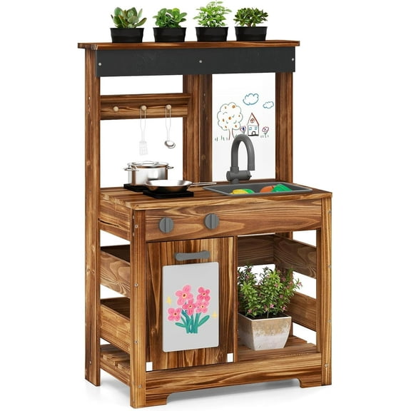 OLAKIDS Mud Kitchen, Outdoor Play Kitchen with Drawing Board, 4 Cups, Removable Sink, Storage, Cooking Accessories, Wooden Kids Kitchen Playset Gift for Boys Girls Ages 3 