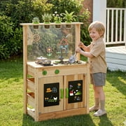 OLAKIDS Mud Kitchen, Outdoor Toys Play Kitchen with Acrylic Drawing Board Blackboard 4 Cups Removable Sink Cooking Accessories Wooden Kids Kitchen Playset Backyard Garden Gift for Boys Girls Ages 3+