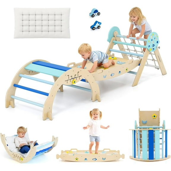 OLAKIDS Pikler Triangle Set, 13 in 1 Astronaut Theme Foldable Wooden Montessori Toddler Climbing Toys Indoor with Cushion Ramp Arch Ladder Net