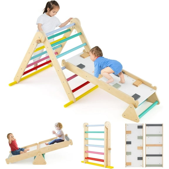 OLAKIDS Pikler Triangle Set 7 in 1 Climbing Toys for Toddlers Foldable Baby Wood Montessori Jungle Gym with Angle Adjustable Ladder Seesaw Ramp Indoor Playground