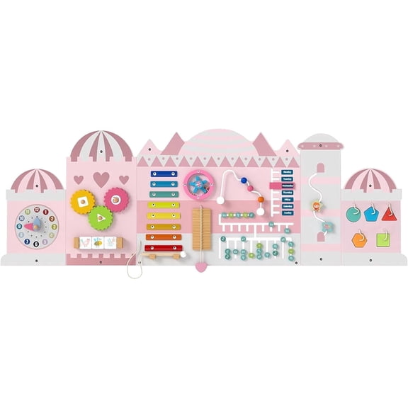 OLAKIDS Pink Castle Sensory Wall, 11 in 1 Wooden Montessori Busy Board Panel, Toddler Wall Mounted Activity Center, Educational Toys Learning Gift for Boys Girls
