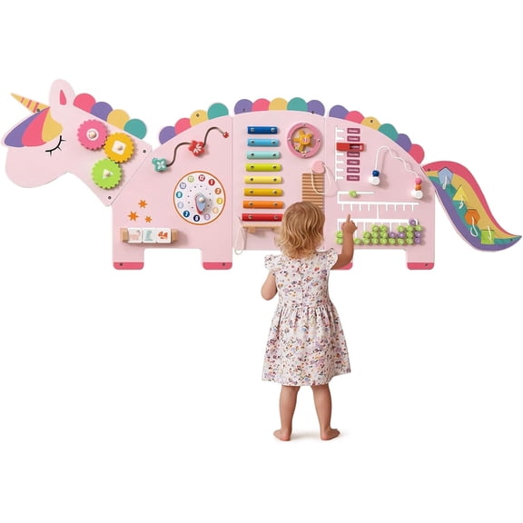 OLAKIDS Pink Sensory Wall, 11 in 1 Wooden Montessori Busy Board Panel, Toddler Wall Mounted Activity Center, Educational Toys Learning Gift for Boys Girls