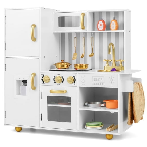 OLAKIDS Play Kitchen for Kids, Wooden Kids Play Kitchen Playset with Realistic Light & Sounds, Pots Pan Microwave Sink, Children Pretend Cooking Toy Set Gift for Toddler Boys Girls Ages 3+