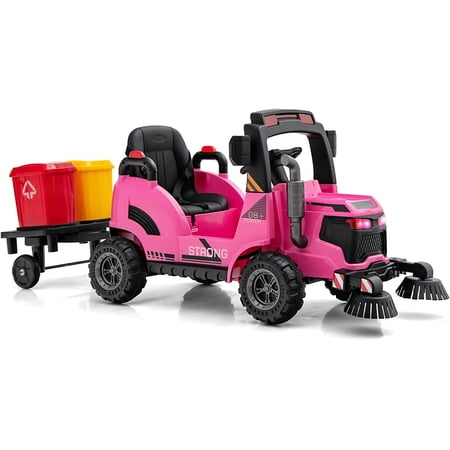 OLAKIDS Ride on Car, 12V 2 in 1 Kids Street Sweeper Truck Electric Vehicle with Remote Control, Rotatable Cleaning Brushes, Removable Trash Bins, Toddlers Battery Powered Construction Toy (Pink)
