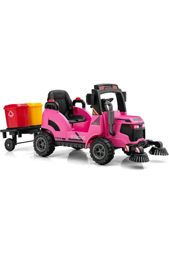 Ride on Car, 12V 2 in 1 Kids Street Sweeper Truck Electric Vehicle with Remote Control, Rotatable Cleaning Brushes, Removable Trash Bins, Toddlers Battery Powered Construction Toy (Pink)