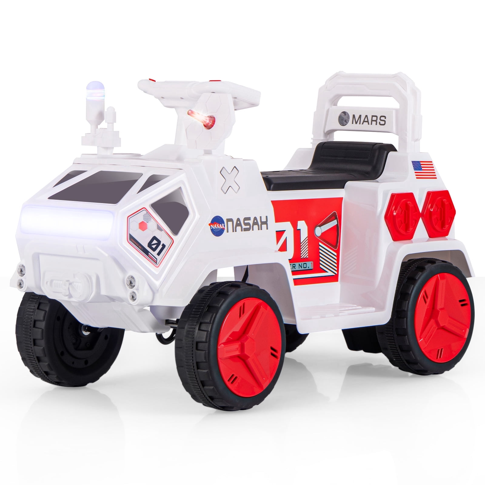 OLAKIDS Ride on Car, 6V Electric Toy for Kids with Radar, Rocket, MP3, USB, Horn, Power Display, Headlight, 4-Wheeler Battery Powered Quad Gift for Toddlers Boys Girls Age 3+