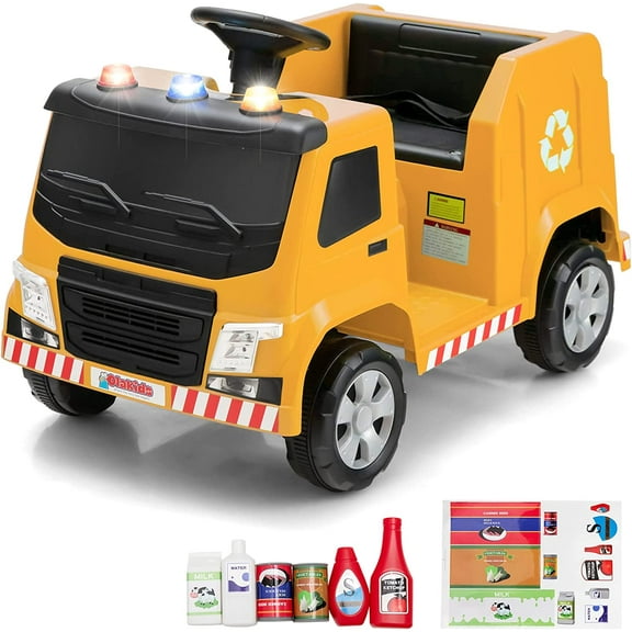 OLAKIDS Ride on Car, 6V Recycling Garbage Truck Electric Vehicle with Music, Horn, Warning Lights, Recycling Accessories Included, Toddlers Battery Powered Trash Toy for Boys Girls (Yellow)