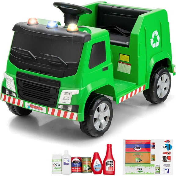 OLAKIDS Ride on Car, 6V Recycling Garbage Truck Electric Vehicle with Music, Horn, Warning Lights, Recycling Accessories Included, Toddlers Battery Powered Trash Toy for Boys Girls (Green)