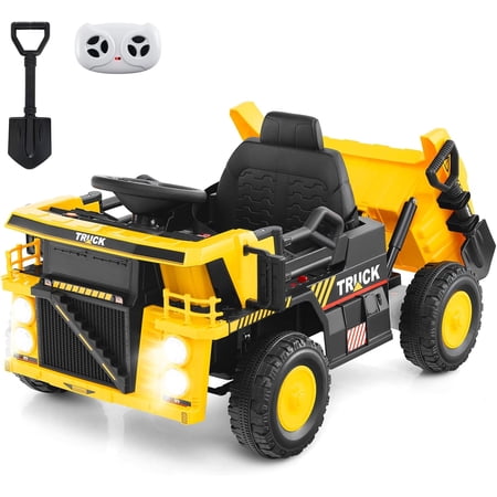 OLAKIDS Ride on Dump Truck, 12V Kids Electric Car Ride on Construction Vehicles with Remote Control, Electric Dump Bed, Shovel, Soft Start, Music, Bluetooth, Ride on Toys for Girls Boys