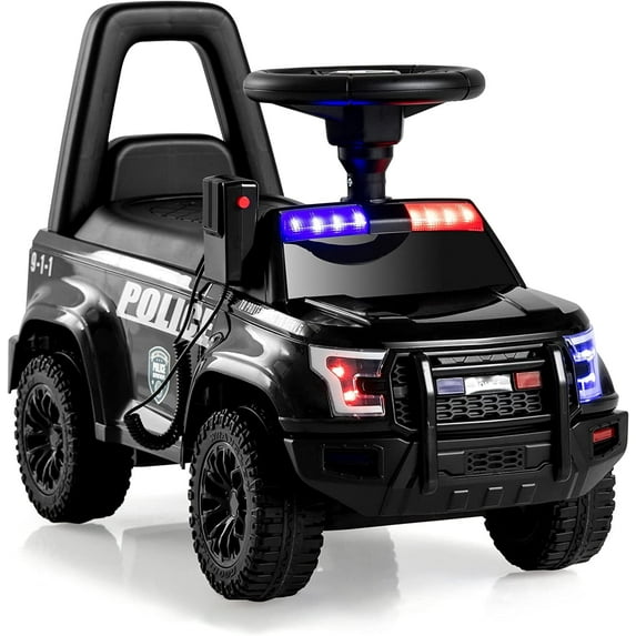 OLAKIDS Ride On Push Police Car, Toddler Foot-to-Floor Sliding Toy with Siren, Steering Wheel, Megaphone, Horn, Headlights, Under Seat Storage, Kids Racer Walking Gift for Boys Girls 3+ (Black)