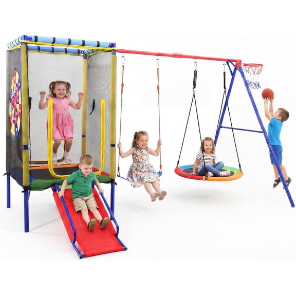 OLAKIDS Swing Sets for Backyard, 6 in 1 Outdoor 440LBS Heavy Duty A-Frame Metal Stand with Trampoline, Slide, Saucer Swing, Belt Swing, Dartboard, Basketball Hoop for Kids Family Fun