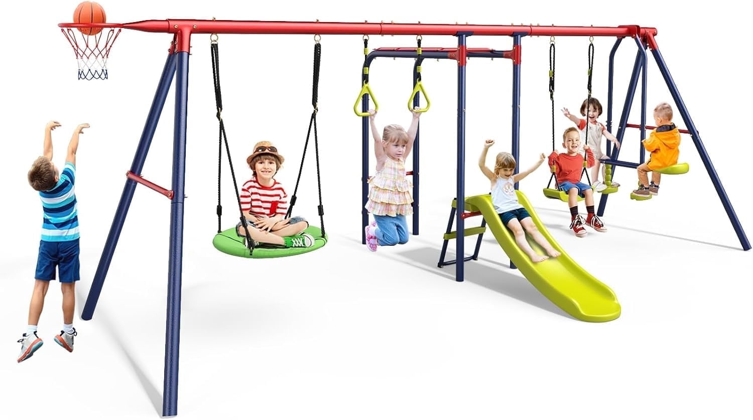 OLAKIDS Swing Sets for Backyard, 7 in 1 Outdoor A-Frame Heavy Duty Metal Swing Stand with Monkey Bar for Kids, 660LBS Playground Playset with Slide, 2 Swings, Glider, Trapeze Rings, Basketball Hoop