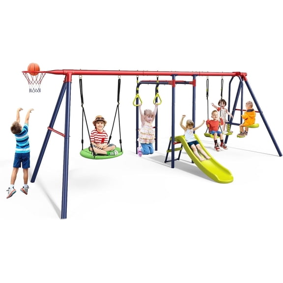 OLAKIDS Swing Sets for Backyard, 7 in 1 Outdoor A-Frame Heavy Duty Metal Swing Stand with Monkey Bar for Kids, 660LBS Playground Playset with Slide, 2 Swings, Glider, Trapeze Rings, Basketball Hoop