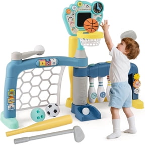 OLAKIDS Toddler Basketball Hoop, 5 in 1 Adjustable Baby Sports Activity Center Soccer Bowling Baseball Golf Set, Indoor Outdoor Foldable Kids Play Toy Birthday Gift with Light Music for Boys Girls