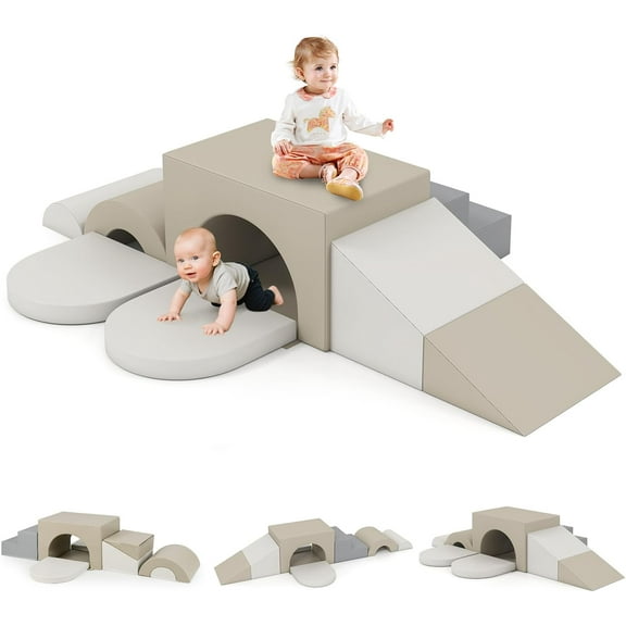 OLAKIDS Toddler Climbing Toys Indoor, 7 Pieces Baby Foam Blocks Soft Play Set with PU Leather, Kids Climb Crawling Activity Gym Playground for 1  Years