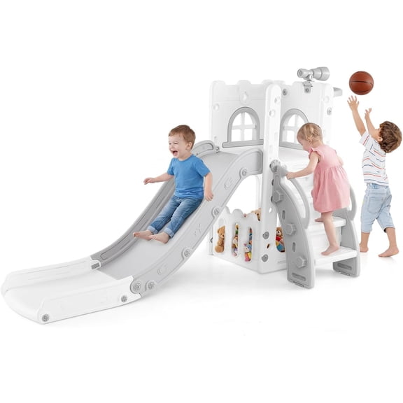 OLAKIDS Toddler Slide, 6 in 1 Kids Indoor Outdoor Playground with Climber Basketball Hoop Telescope Toy Storage for Boys Girls Aged 1+