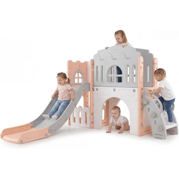 OLAKIDS Toddler Slide, 8 in 1 Kids Indoor Outdoor Playground with Climber Basketball Hoop Telescope Tunnel Corridor Toy Storage Steering Wheel for Boys Girls Aged 1