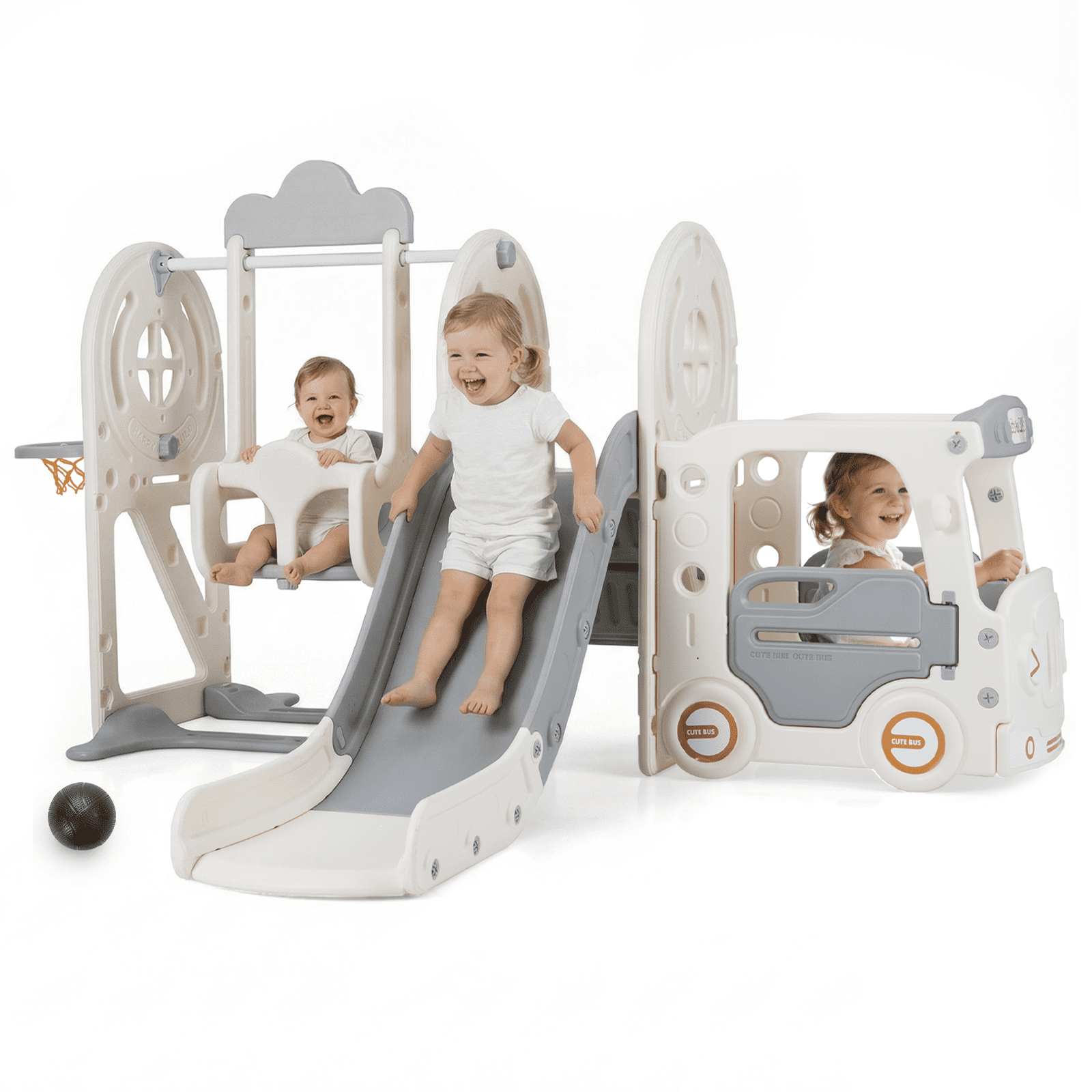 OLAKIDS Toddler Slide and Swing Set, 5 in 1 Bus Themed Baby Slide with Climber Basketball Hoop Car Playhouse for Indoor Outdoor Boys Girls Aged 3+