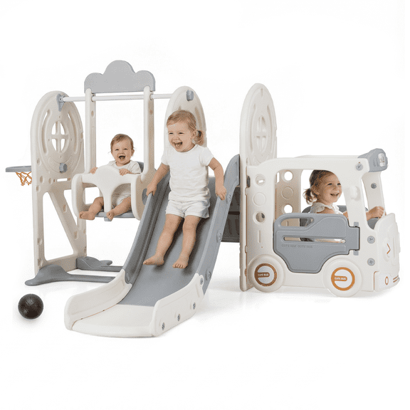 OLAKIDS Toddler Slide and Swing Set, 5 in 1 Bus Themed Baby Slide with Climber Basketball Hoop Car Playhouse for Indoor Outdoor Boys Girls Aged 3+