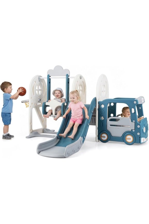 Toddler Slide and Swing Set, 5 in 1 Bus Themed Baby Slide with Climber Basketball Hoop Car Playhouse for Indoor Outdoor Boys Girls Aged 3+