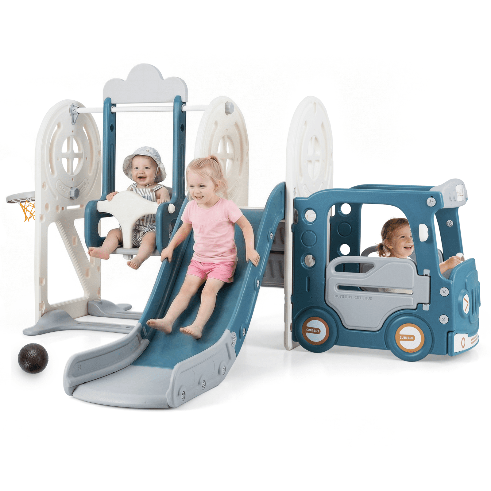 OLAKIDS Toddler Slide and Swing Set, 5 in 1 Bus Themed Baby Slide with Climber Basketball Hoop Car Playhouse for Indoor Outdoor Boys Girls Aged 3+