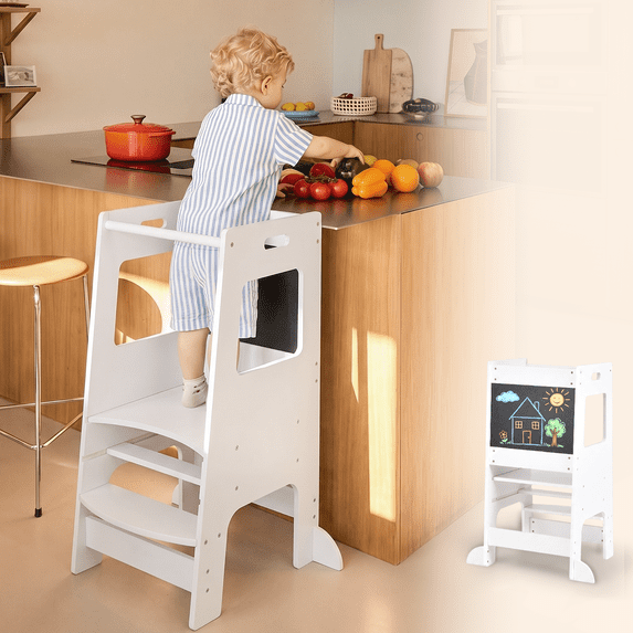 OLAKIDS Toddler Standing Tower, Kids Montessori Kitchen Step Stool Helper with 2 Adjustable Height Learning Blackboard Safety Rail Wooden, Anti-Slip Mats, 1-3 Year Old Boy Girl Gifts