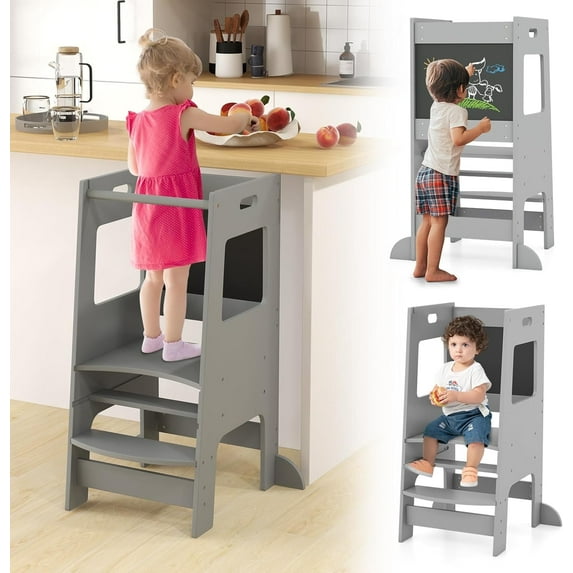 OLAKIDS Toddler Standing Tower, Kids Montessori Kitchen Step Stool Helper with 2 Adjustable Height Learning Blackboard Safety Rail Wooden, Anti-Slip Mats, 1-3 Year Old Boy Girl Gifts