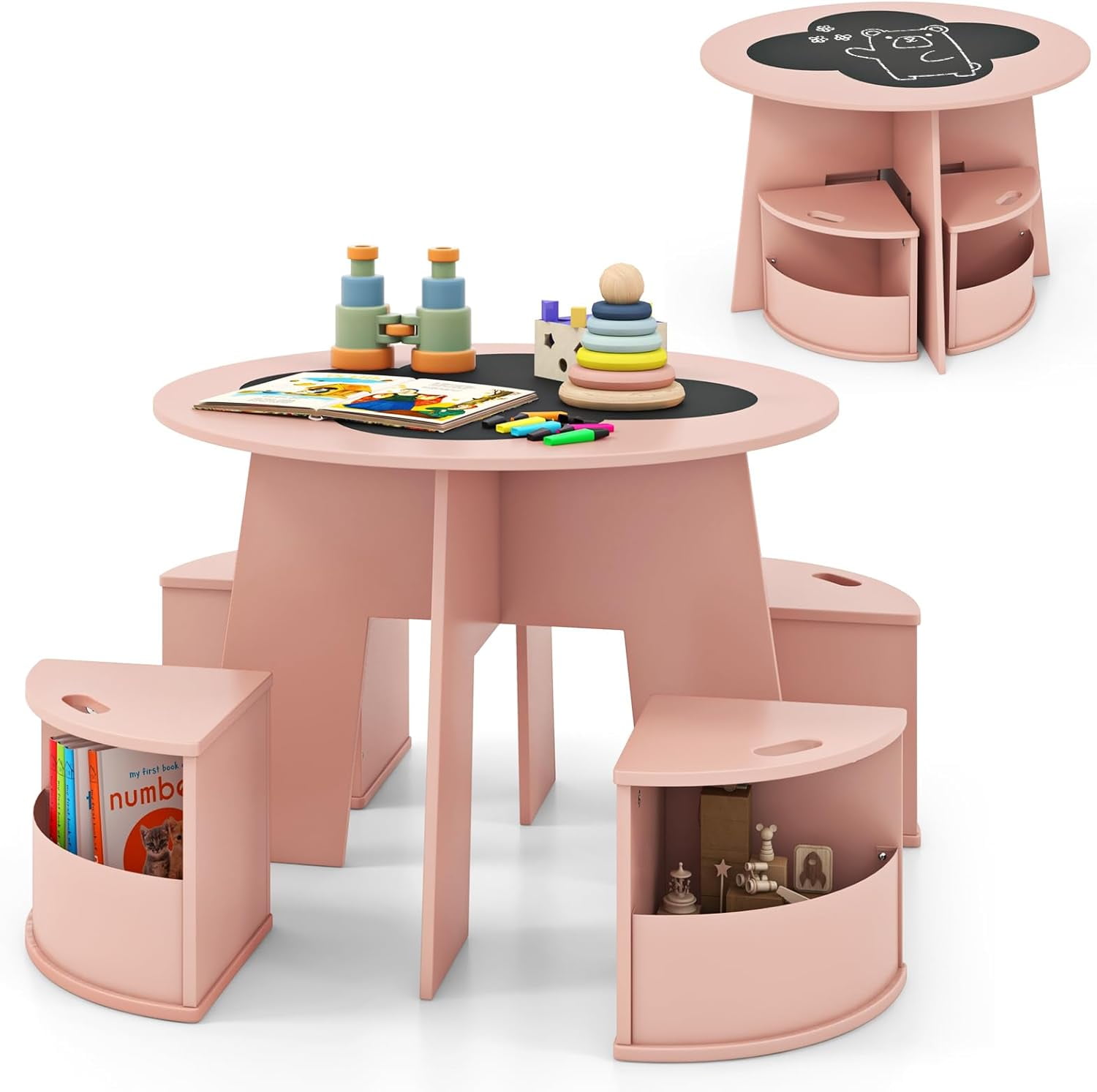 OLAKIDS Toddler Table Chair Set 4 Storage Stools Wooden Flower Shaped Nesting Table Blackboard Drawers Children Multi Activity Table Art Crafts Draw: How It Stacks Up