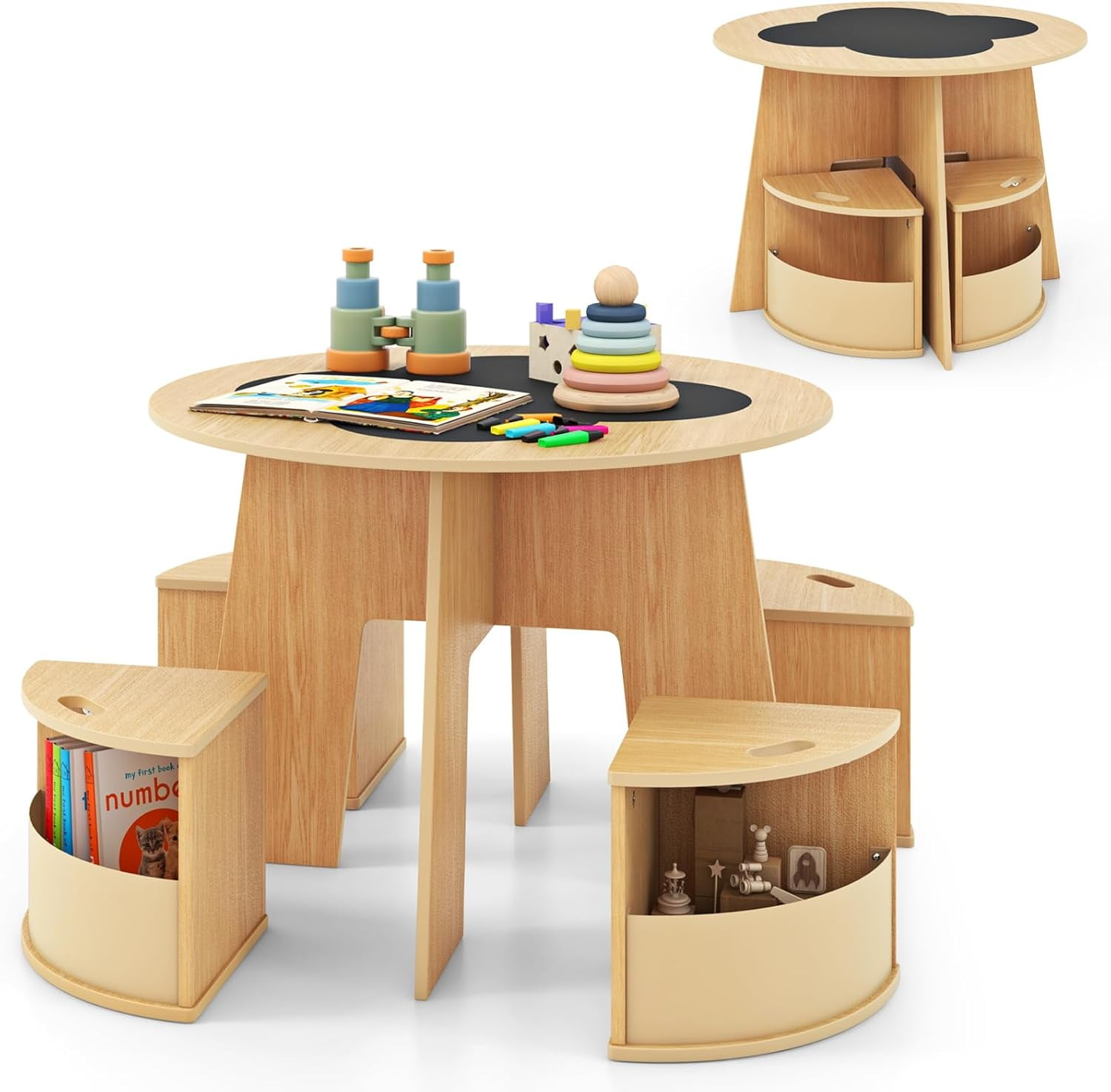 OLAKIDS Toddler Table and Chair Set with 4 Storage Stools, Wooden Flower Shaped Nesting Table with Blackboard Drawers, Children Multi-Activity Table for Art Crafts Draw Read Boys Girls 3+