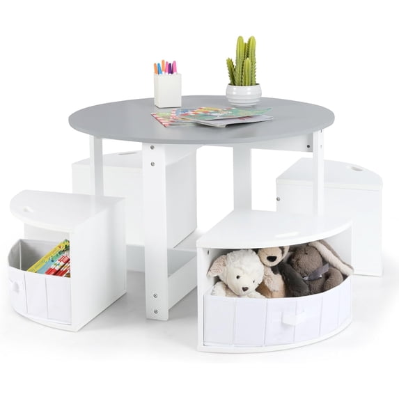 OLAKIDS Toddler Table and Chair Set, Wooden Table and 4 Chairs with Nesting Design, Storage Drawers, Children Multi-Activity Table for Art, Crafts, Draw, Read for Boys Girls Aged 3+