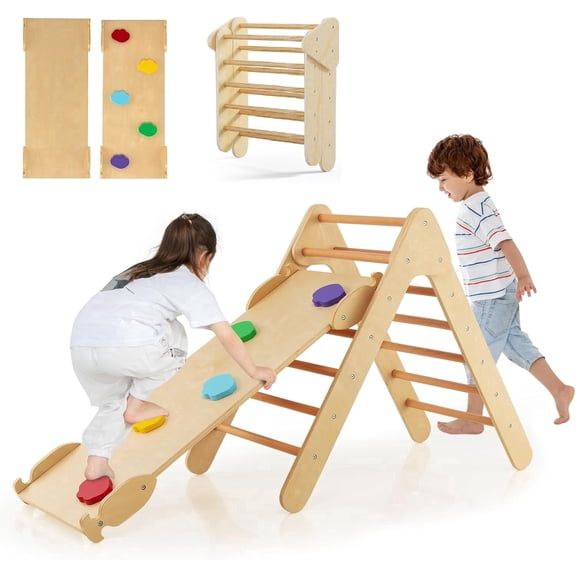 OLAKIDS Toddlers Triangle Climber, 3 in 1 Montessori Kids Wood Climbing Toy with Ramp, Ladder, Slide for Gym, Playground, Baby Indoor Outdoor Climb Play Structure Activity Set for Boys Girls