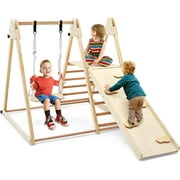OLAKIDS Toddlers Triangle Climbing Set, 4 in 1 Foldable Kids Wood Montessori Climber Ladder with Ramp, Slide and Swing, Indoor Outdoor Playground Jungle Play Gym Structure for Boys Girls
