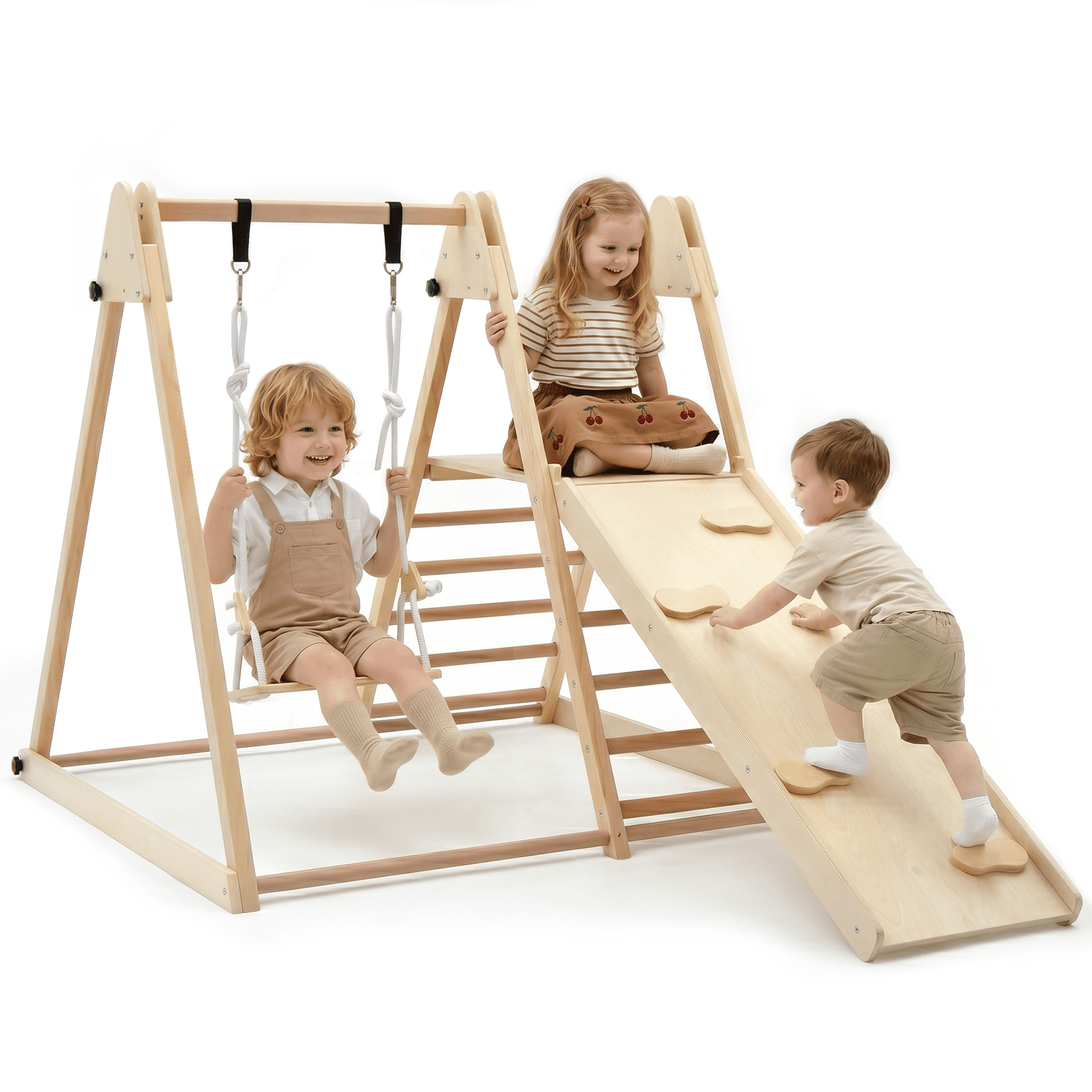 OLAKIDS Toddlers Triangle Climbing Set, 4 in 1 Foldable Kids Wood Montessori Climber Ladder with Ramp, Slide and Swing, Indoor Outdoor Playground Jungle Play Gym Structure for Boys Girls