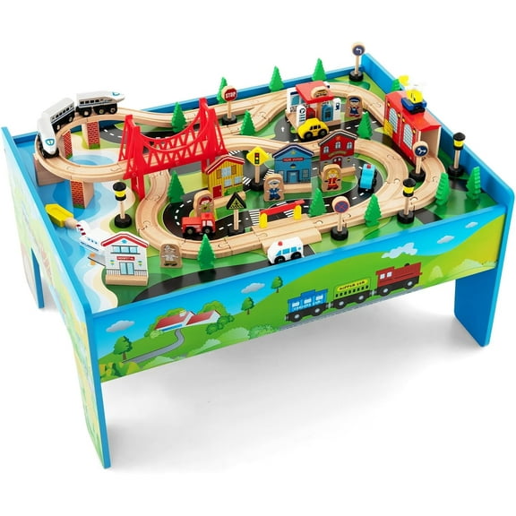 OLAKIDS Train Table, 80 Pieces Wooden Kids Activity Toy Table Playset with Reversible Detachable Tabletop, Tracks, Train, Railway, City, Gift for Toddler Boys Girls Ages 3+