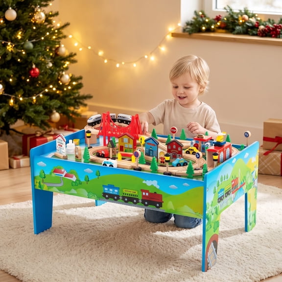 OLAKIDS Train Table, 80 Pieces Wooden Kids Activity Toy Table Playset with Reversible Detachable Tabletop, Tracks, Train, Railway, City, Gift for Toddler Boys Girls Ages 3+