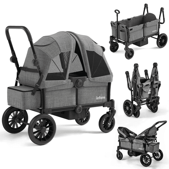 INFANS Wagon Stroller for 2 Kids, Collapsible Adjustable Push Pull Handle Bar, 2 Seater Stroller Wagon with Removable Canopy Snack Tray, Comfortable Drop-Down footwell and Upholstered Seats