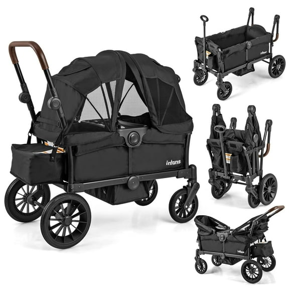 OLAKIDS Wagon Stroller for 2 Kids, Collapsible Adjustable Push Pull Handle Bar, 2 Seater Stroller Wagon with Removable Canopy Snack Tray, Comfortable Drop-Down footwell and Upholstered Seats