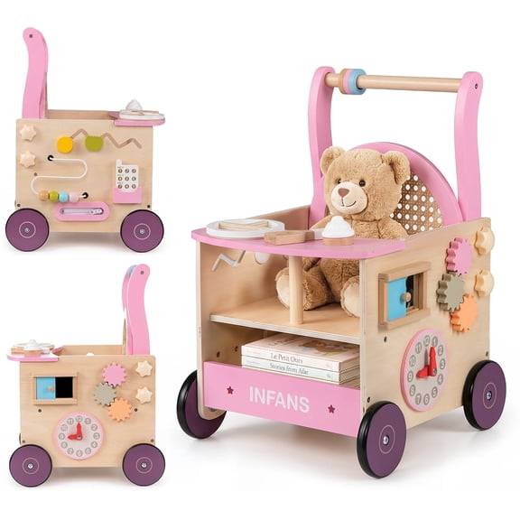 OLAKIDS Wooden Baby Walker, Activity Center Push Walking Toy with Wheels, Montessori Rattan Doll Stroller for Babies Boys Girls 12-36 Months