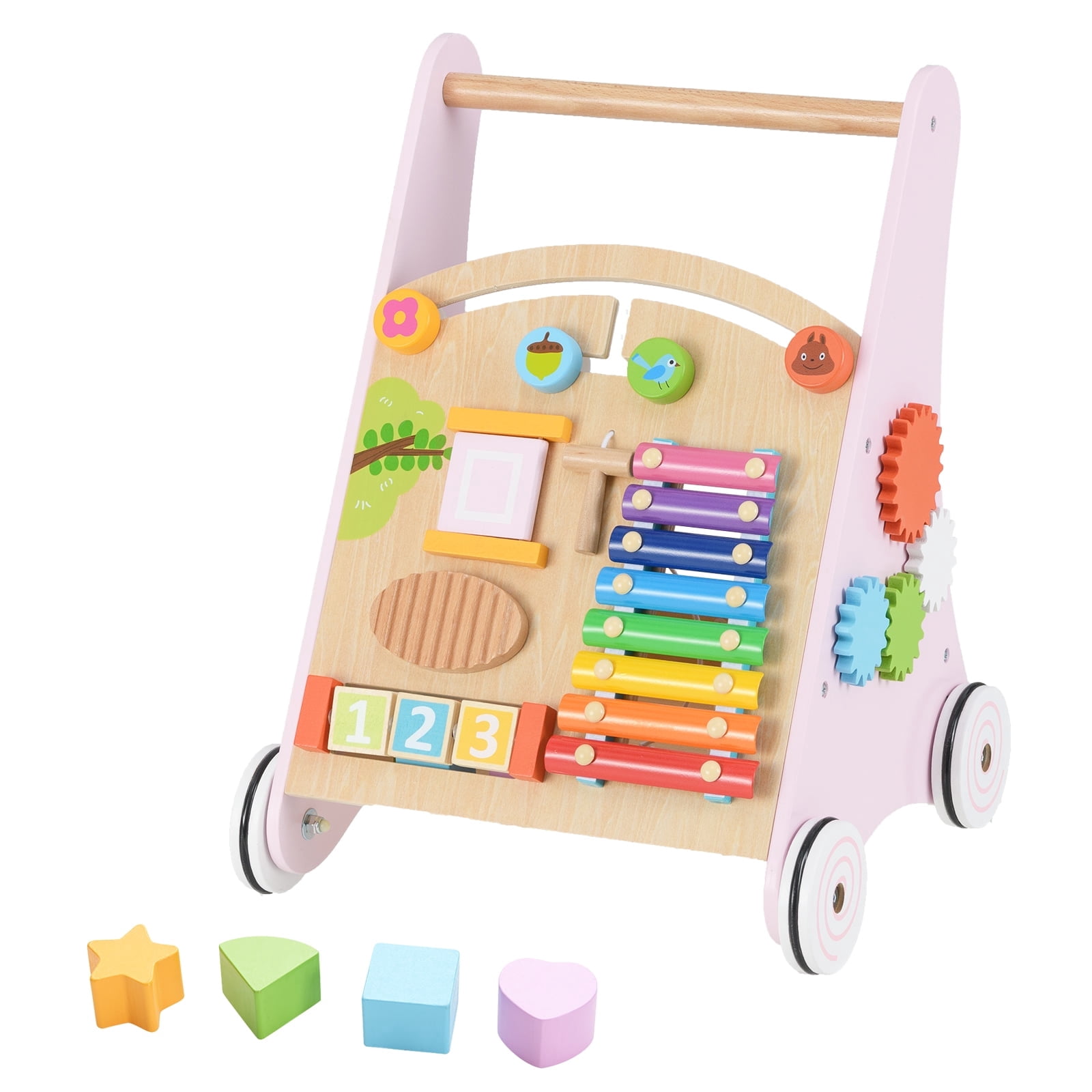 INFANS Wooden Baby Walker, Montessori Walker with Multiple Activity Toys, Storage, Push Walker Toys for Infant Learning to Walk, Sit to Stand Walker for Boys Girls Aged 1+ Years