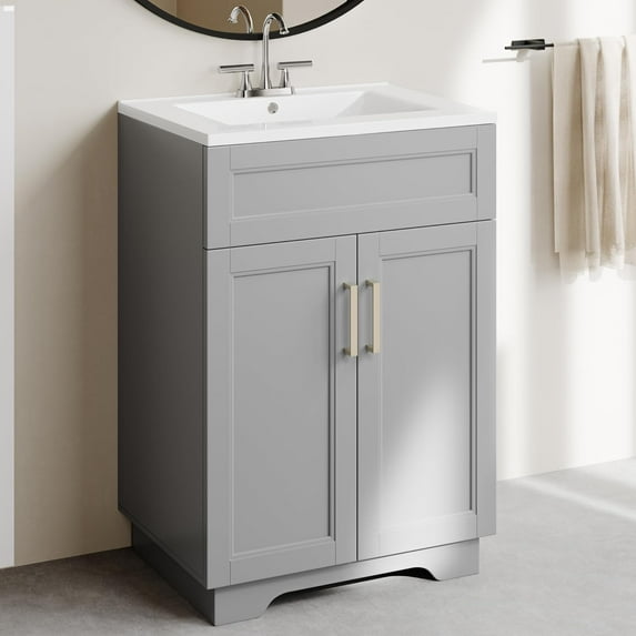 OLD CAPTAIN Bathroom Vanity with Ceramic Sink, Wooden Double Door Bathroom Storage Vanity with 24 Inch, Small Quick Assembly Cabinet with Sink, White (Grey)