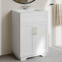 OLD CAPTAIN Bathroom Vanity with Ceramic Sink, Wooden Double Door Bathroom Storage Vanity with 24 Inch, Milky White Finish