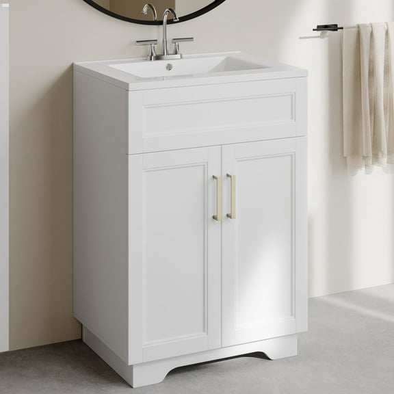 OLD CAPTAIN Bathroom Vanity with Ceramic Sink, Wooden Double Door Bathroom Storage Vanity with 24 Inch, White