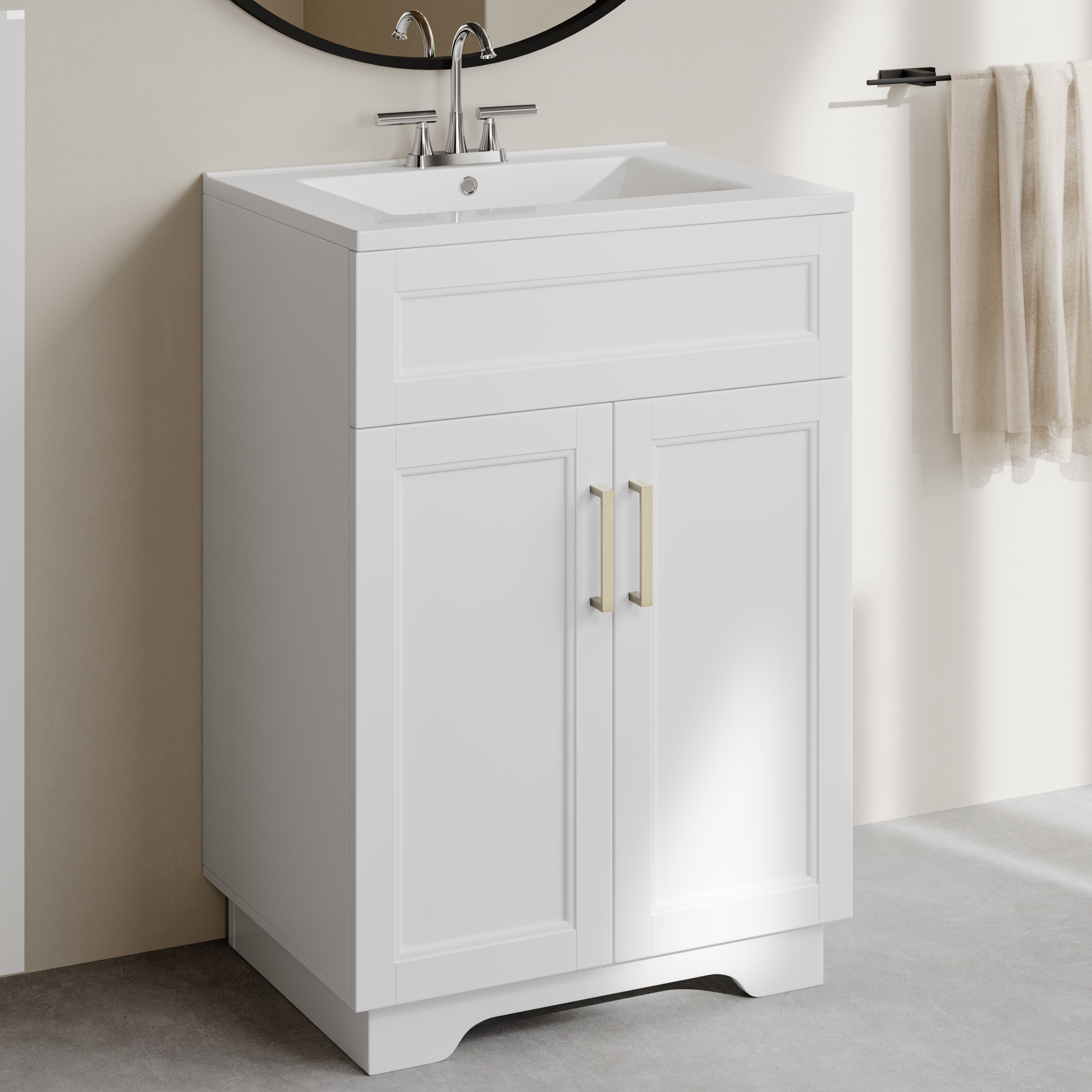 OLD CAPTAIN Bathroom Vanity with Ceramic Sink, Wooden Double Door Bathroom Storage Vanity with 24 Inch, White